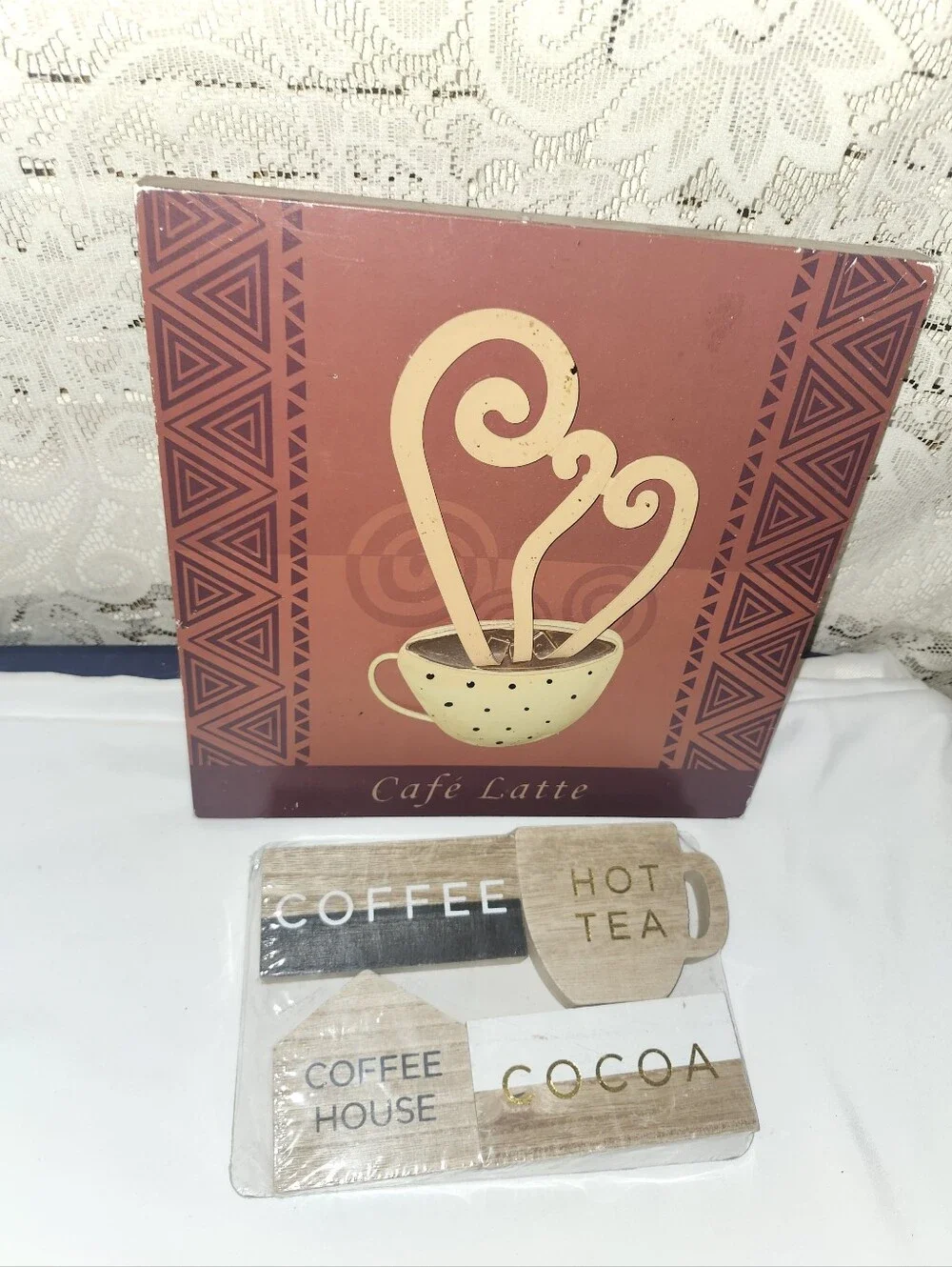 Cafe Latte Wall Art and Coffee House Sign Set - Brown